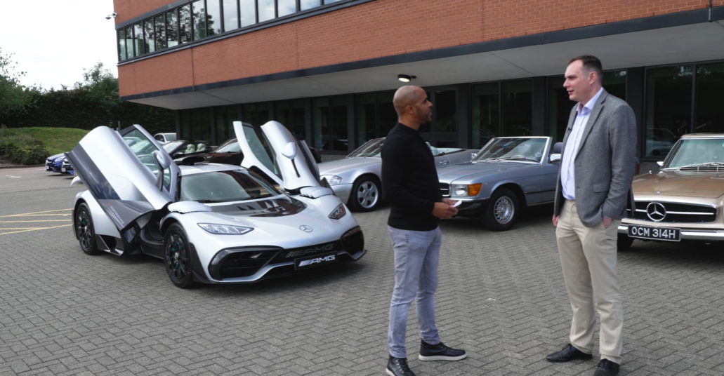 Shaun Benn interviewing a guest with the Mercedes-AMG One at Mercedes-Benz UK