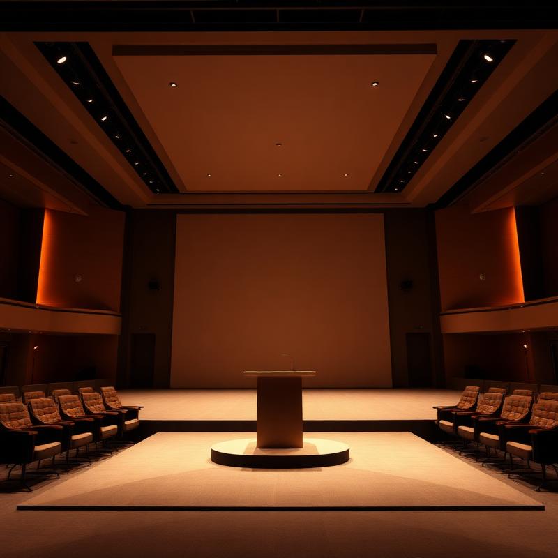 Minimalist corporate event stage with a single podium