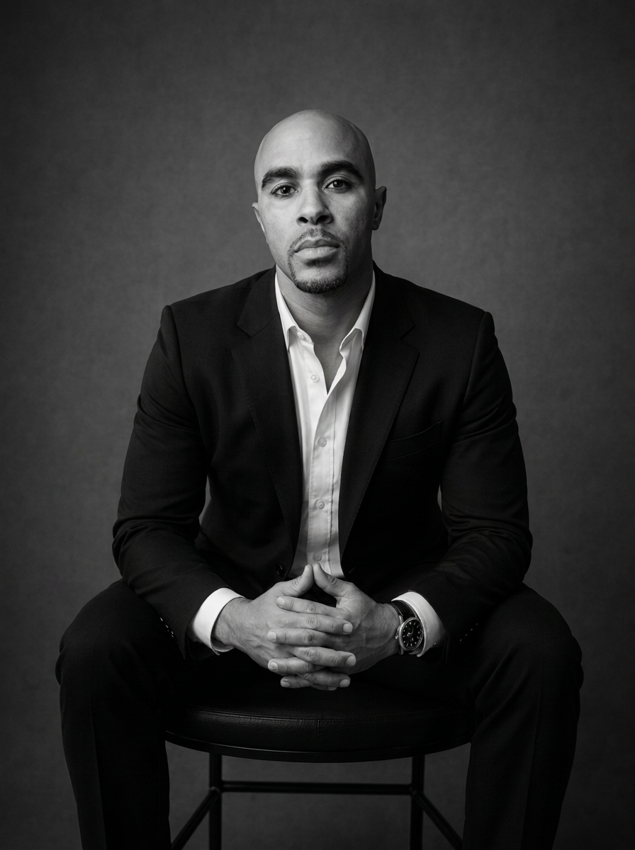 Black-and-white studio portrait of Shaun Benn seated in a tailored suit